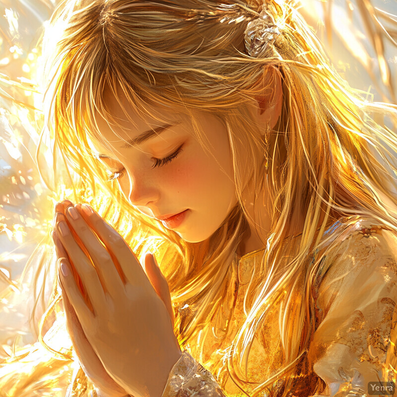 A young girl in prayer or supplication, surrounded by an outdoor setting with sunlight filtering through trees.