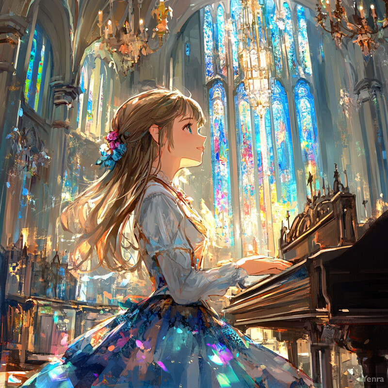 A young girl plays an organ in a grand church