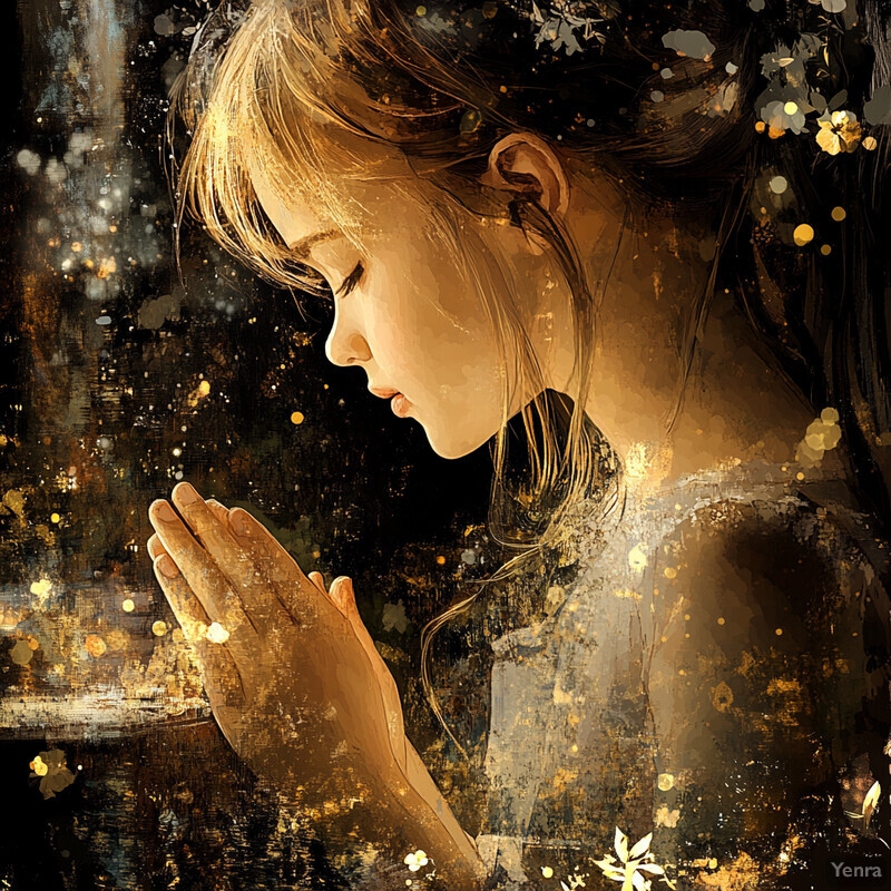 A young girl in prayer surrounded by soft light