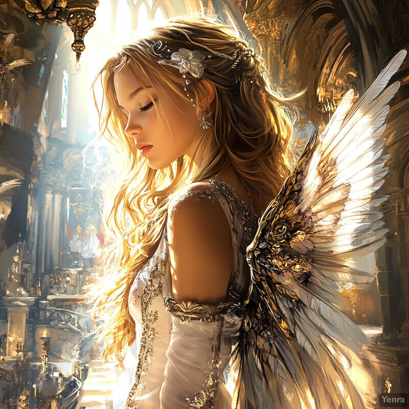 A woman with wings stands in an ornate room