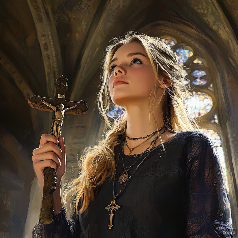 A young woman stands in front of an arched window with stained glass panes, holding a crucifix and wearing a black dress with lace sleeves.