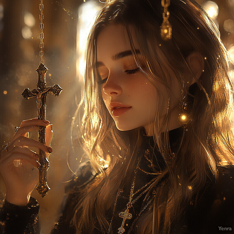 A woman holding a cross in a serene and ethereal setting