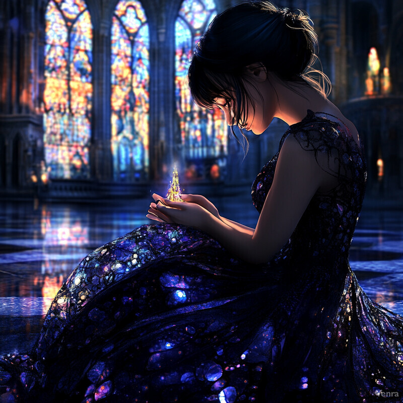 A woman in a dark dress sits in an ornate room with stained glass windows, holding a glowing object.