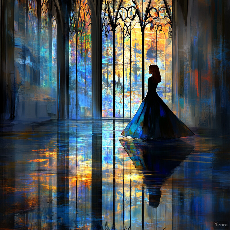 A woman stands in front of stained glass windows, lost in thought.