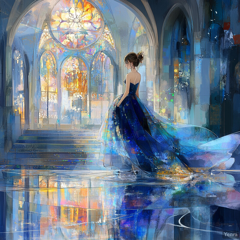 A young woman stands within a grand cathedral, wearing a stunning blue dress and gazing towards the stained glass windows at the far end.