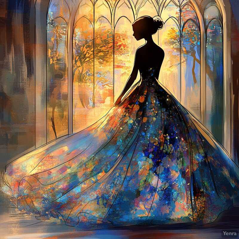 A woman stands confidently in front of a window with arched panes, wearing a stunning multicolored stained glass-inspired gown.