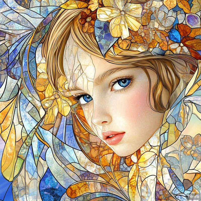 A woman's face surrounded by intricate stained glass patterns and flowers.