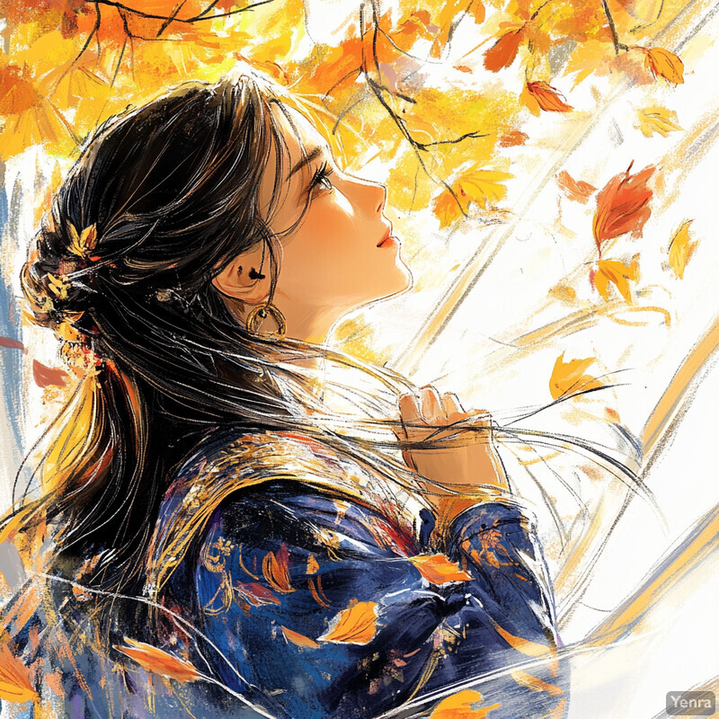 A young woman stands amidst an autumnal backdrop, surrounded by vibrant orange and yellow leaves.