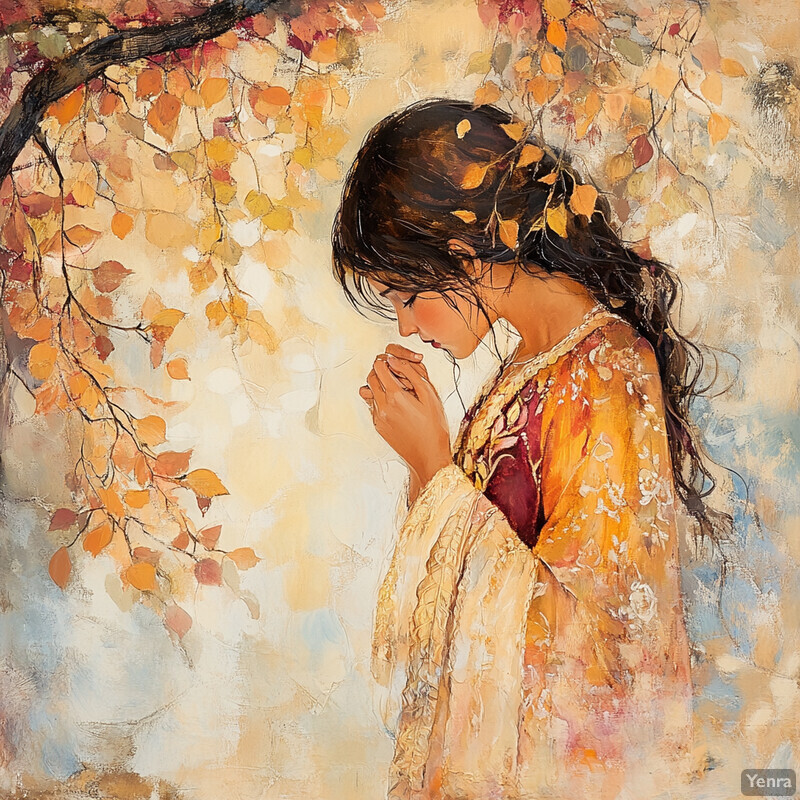 A woman stands in front of an autumnal backdrop, surrounded by warm tones and scattered yellow leaves.