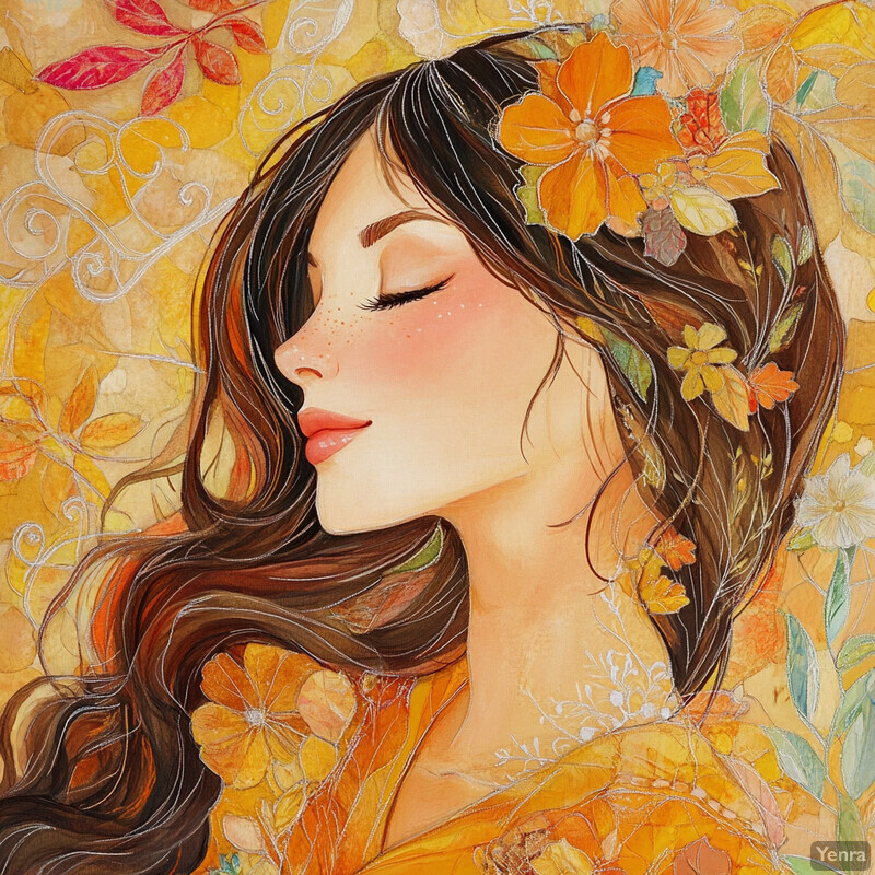 A serene painting featuring a woman with autumnal flowers in her hair, set against a warm yellow and orange background.