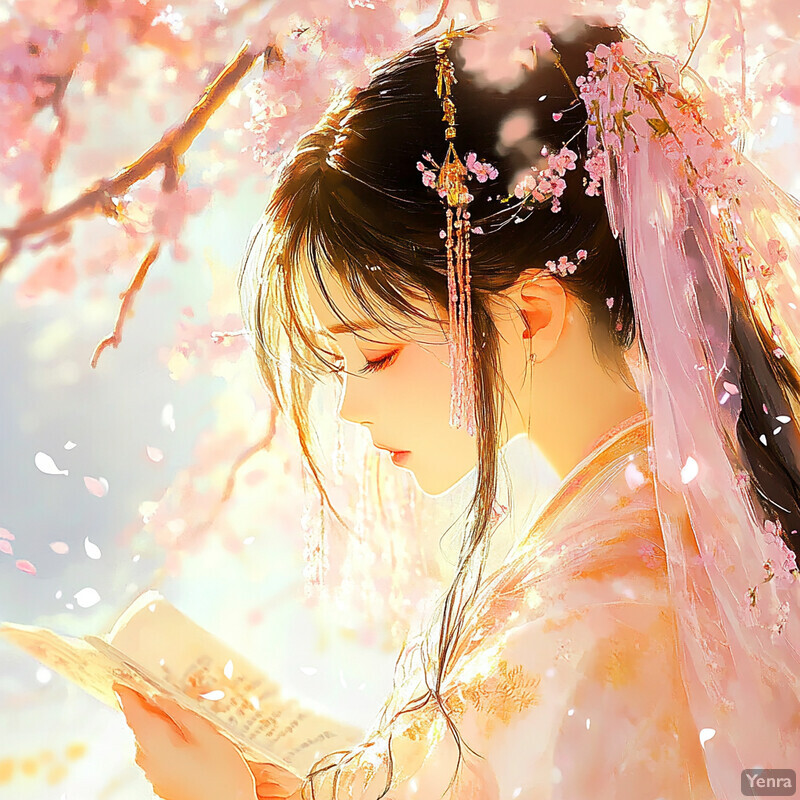 A serene and captivating painting of a woman standing beneath a blossoming tree, dressed in traditional attire, holding a book, with a background featuring lush greenery. The artwork exudes tranquility and contemplation, inviting viewers to immerse themselves in its peaceful atmosphere.