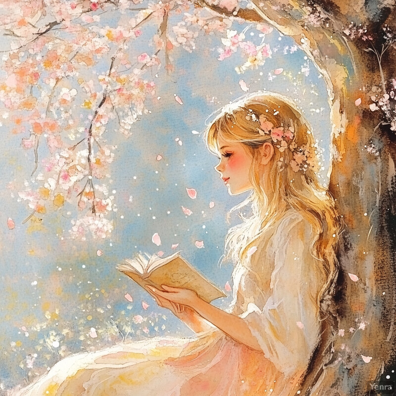 A woman sits under a tree, engrossed in reading a book, surrounded by the serenity of nature.