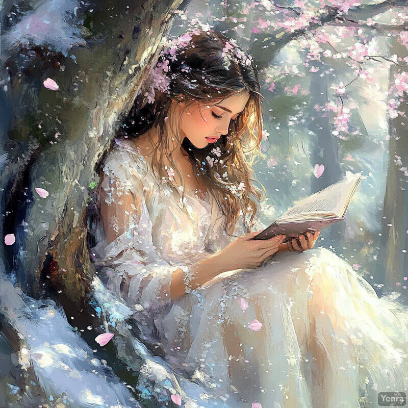 A woman sits beneath a blossoming tree, engrossed in reading a book.