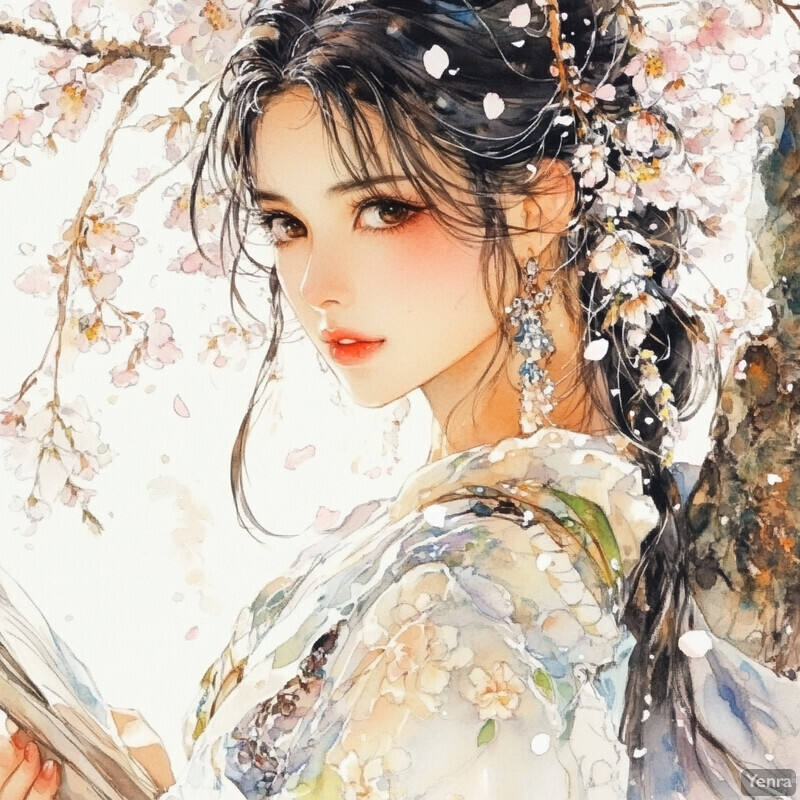 A serene depiction of a young woman amidst blooming cherry blossoms.