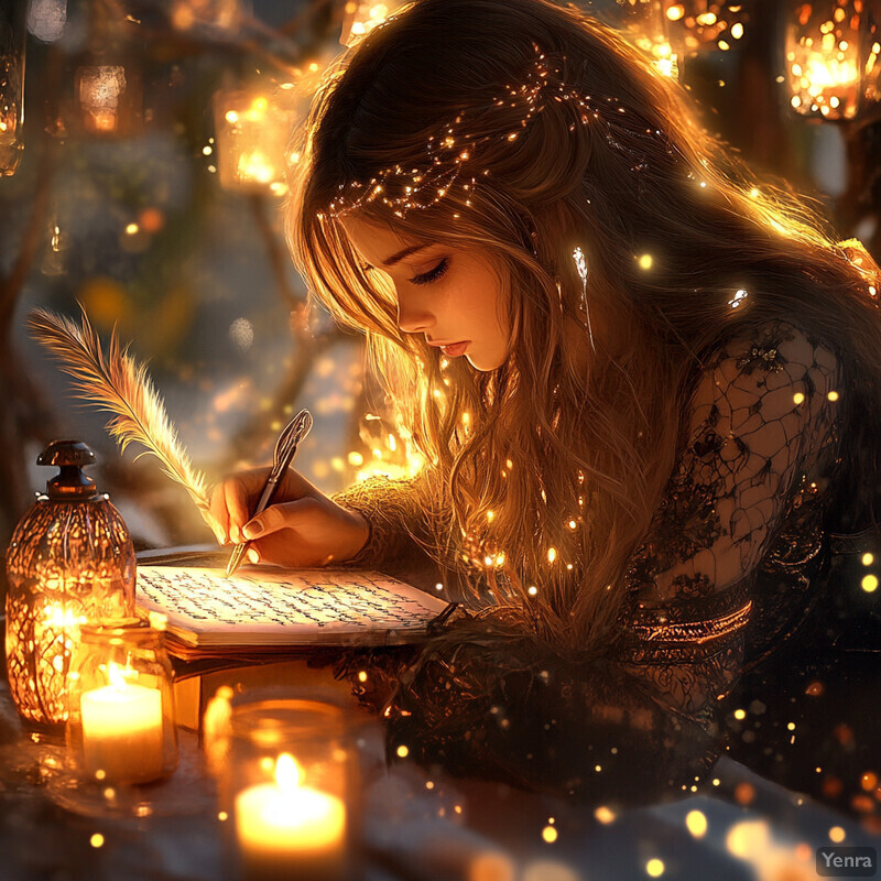 A woman sits at a table surrounded by candles and fairy lights, intently writing in a book with a feather quill pen.