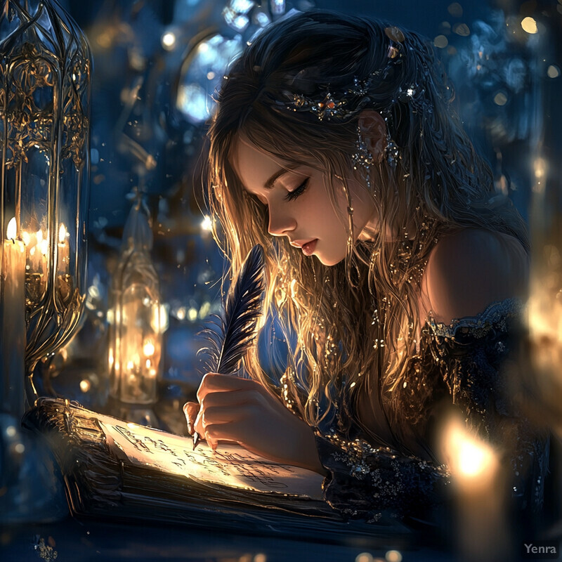 A young woman sits in front of a window, surrounded by candles and holding a feather pen, exuding a sense of tranquility and creativity.