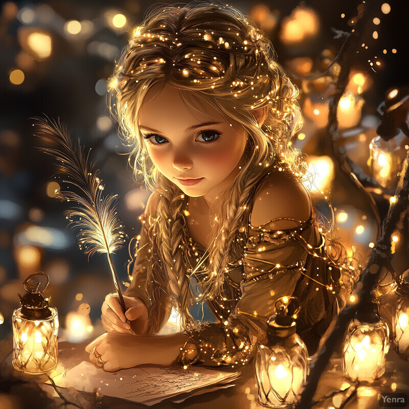 A young girl sits at a table surrounded by candles and fairy lights, holding a feather pen and appearing to write on paper.