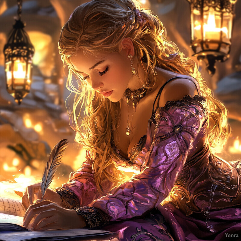 A woman sits by candlelight, surrounded by soft lighting, holding a feather pen and poised to write.