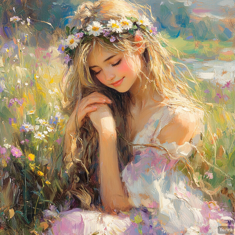 A young woman sits in a field of wildflowers, surrounded by vibrant colors and lush greenery.