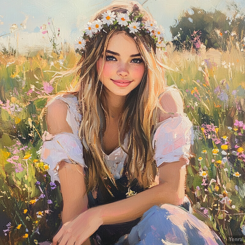 A young woman sits in a field of wildflowers, surrounded by colorful blooms and wearing a flower crown.