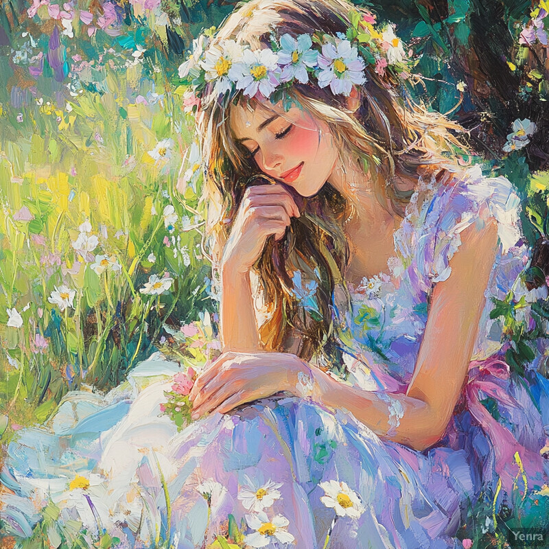 A young woman sitting in a field of flowers, surrounded by vibrant blooms and soft light.