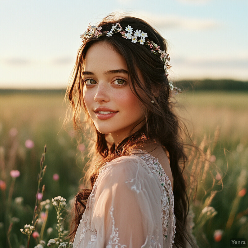 A serene and idyllic scene of a woman standing in a field of wildflowers