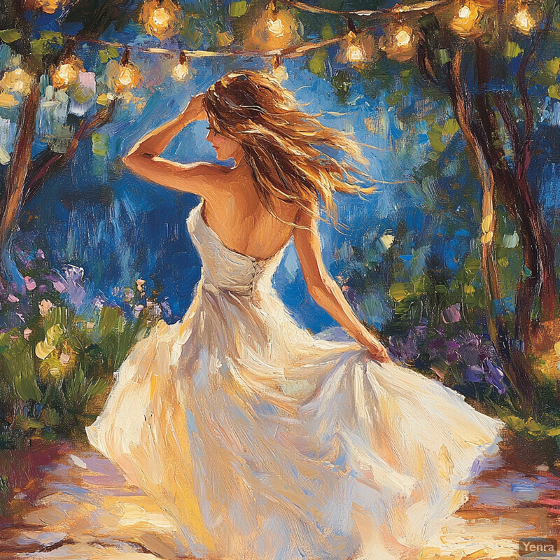 A woman in a white dress dances under a canopy of string lights