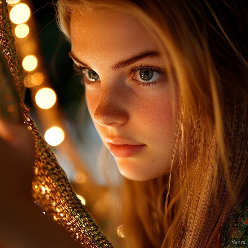 A young girl with long blonde hair and green eyes looks directly at the camera, wearing a dark-colored dress with intricate embroidery.