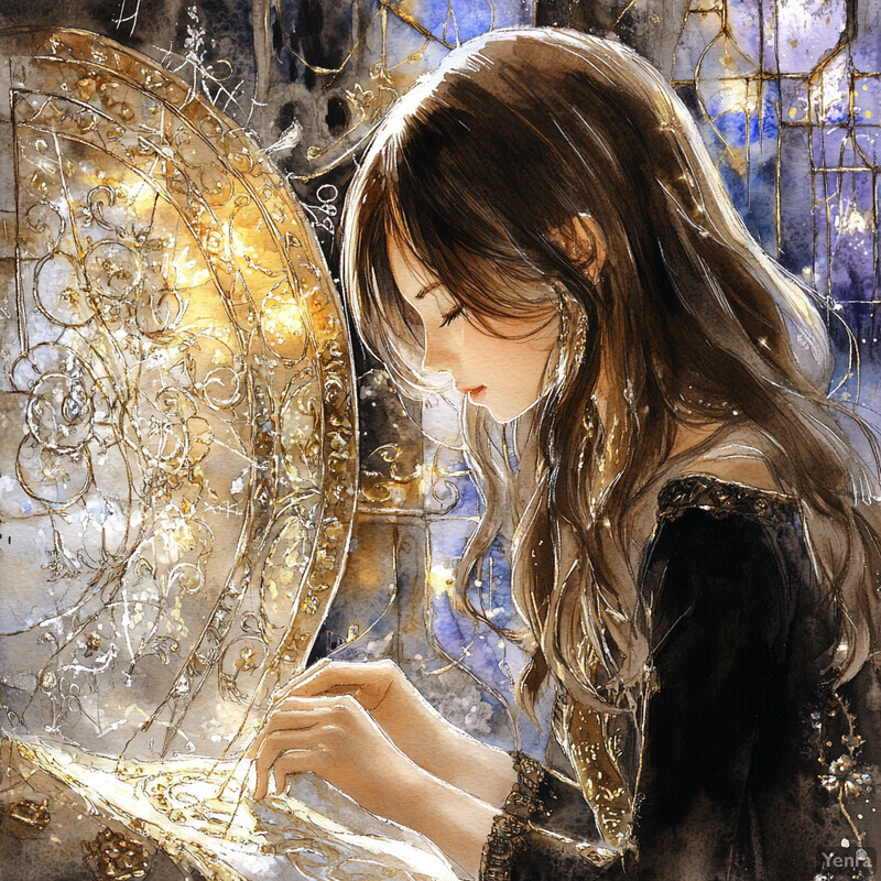 Anime-style illustration of a young woman gazing at her reflection in an ornate mirror