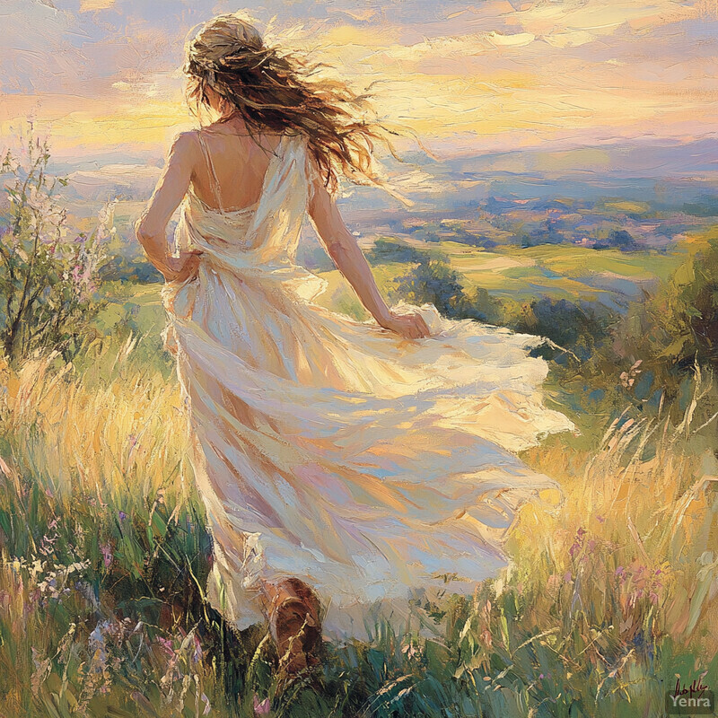 A serene and idyllic scene of a woman in a flowing white dress walking through a field of tall grasses and wildflowers.