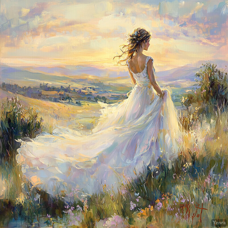 A woman in a white wedding dress stands on a hill overlooking a lush green landscape, surrounded by rolling hills and trees under a brilliant blue sky.