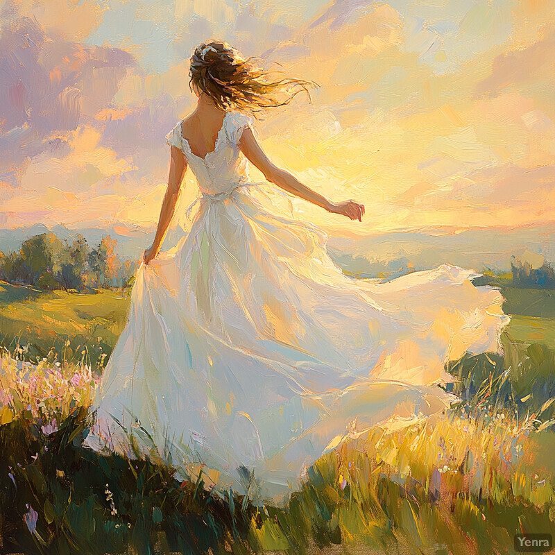 A woman stands in a field at sunset, surrounded by wildflowers and rolling hills, exuding serenity and contentment.