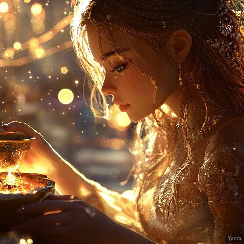 A serene and enchanting scene of a woman sitting at a table surrounded by soft golden light.