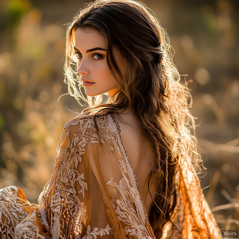 A young woman with long brown hair and green eyes is dressed in an intricately embroidered gold dress, standing in front of a dark room or hallway illuminated by a lamp.