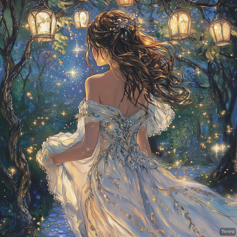 A serene and enchanting scene of a woman in a white dress standing in front of a tree, surrounded by lush greenery.