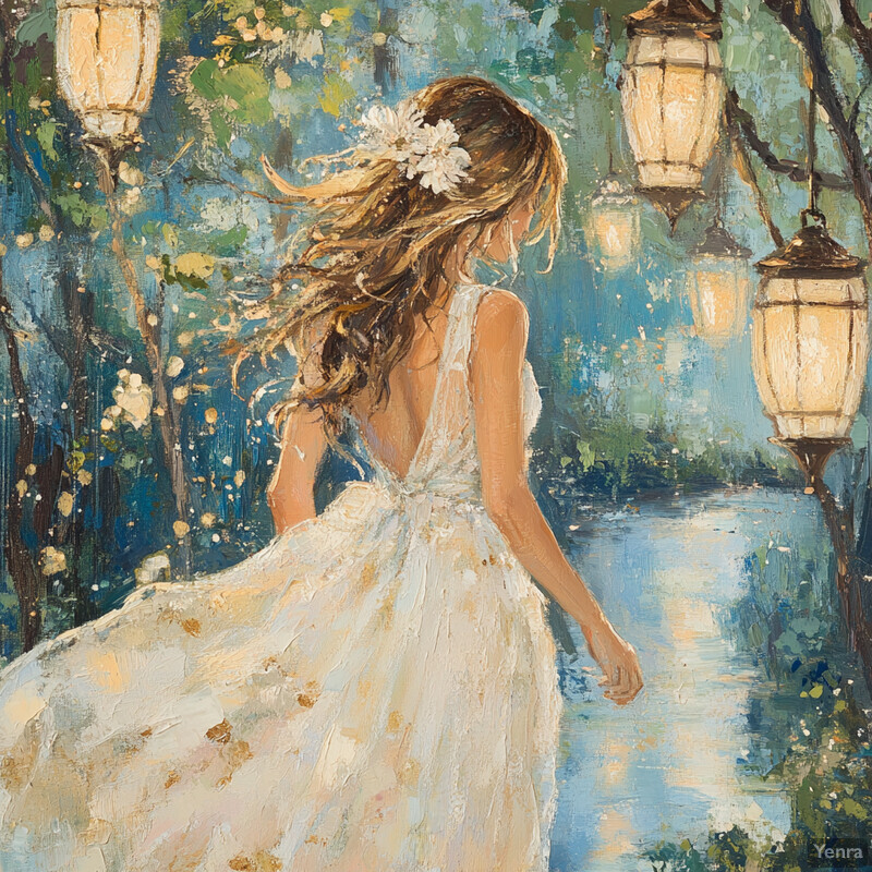 A serene painting of a woman in a white dress standing in front of a large tree.