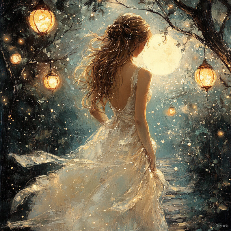 A woman in a white dress stands on a path surrounded by trees with lanterns, gazing up at a full moon rising above the horizon.