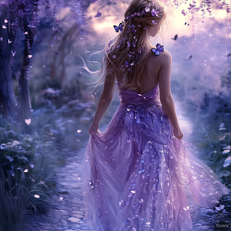 A serene and enchanting scene of a woman in a flowing purple dress standing on a path surrounded by lush greenery.