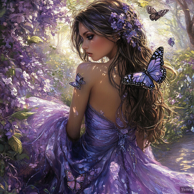 A woman surrounded by butterflies in a lush garden setting