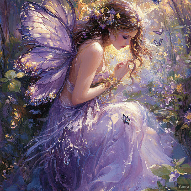 A woman with butterfly wings kneels in a forest surrounded by flowers and foliage, exuding peace and tranquility.