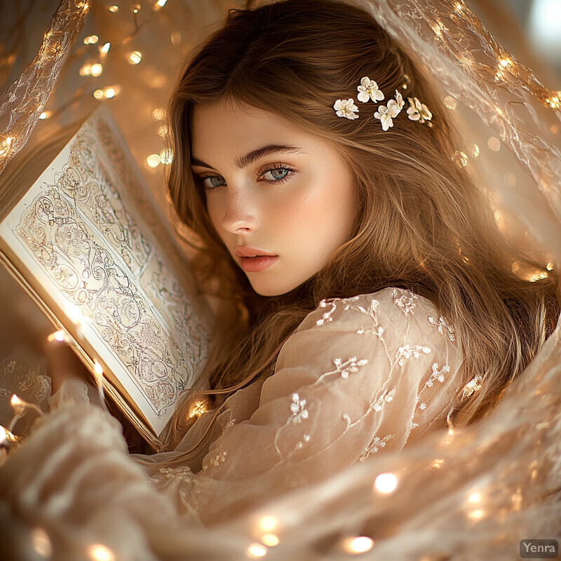 A young girl with long brown hair and blue eyes holding an open book surrounded by soft yellow lights