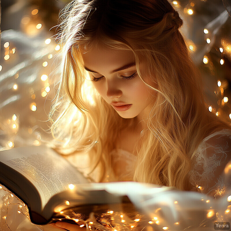 A young girl reads a book surrounded by fairy lights