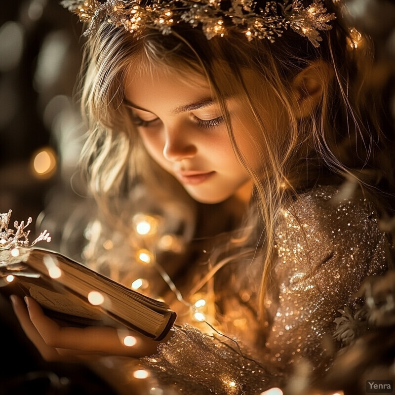 A young girl reading a book surrounded by golden lights