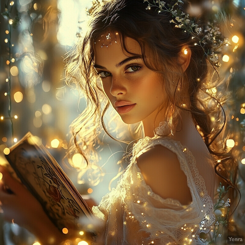 A young woman with long brown hair and a white dress holds an old-fashioned book, surrounded by soft lighting and a natural setting.