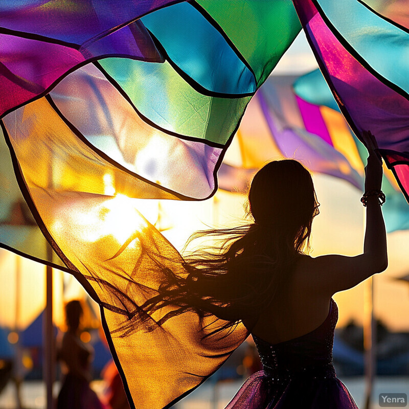 A woman holds up colorful fabric pieces against a sunset backdrop.