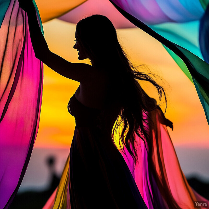 A woman stands in front of a vibrant sunset, holding a colorful scarf or fabric above her head.