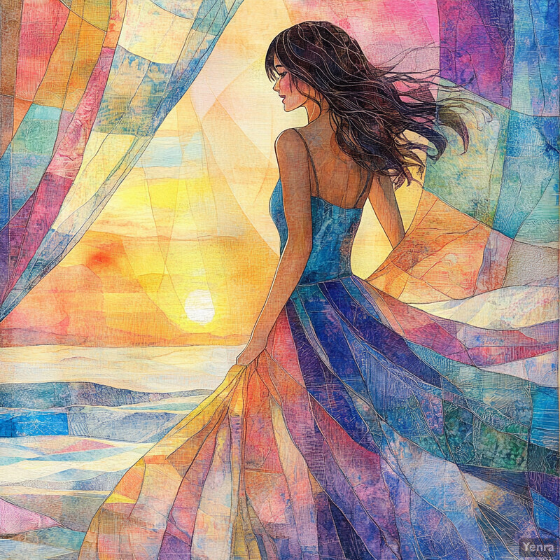 Woman in blue dress standing in front of sunset