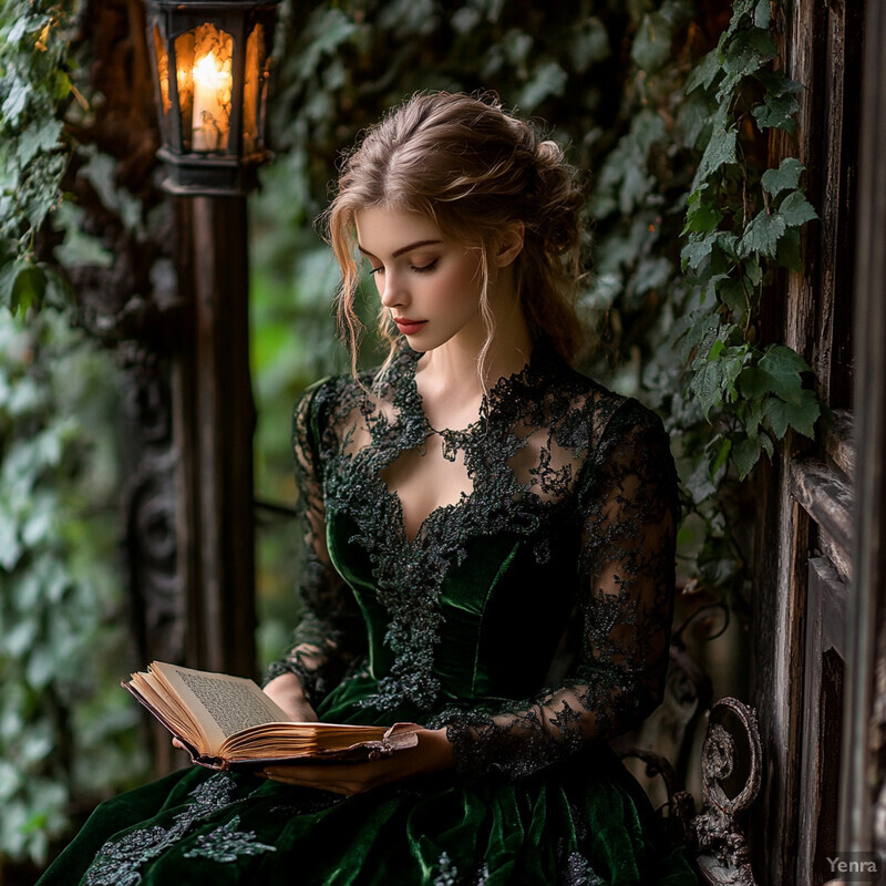 A serene scene of a woman reading in an emerald green dress amidst lush foliage