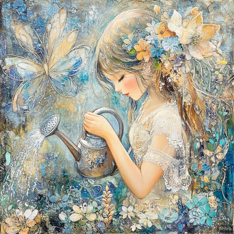 A young girl tends to her garden in a serene and enchanting scene.