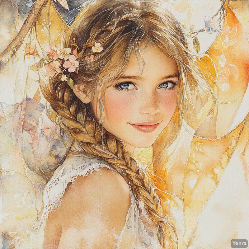 A serene portrait of a young girl with braided hair and a white dress, set against the backdrop of a tree-lined environment.